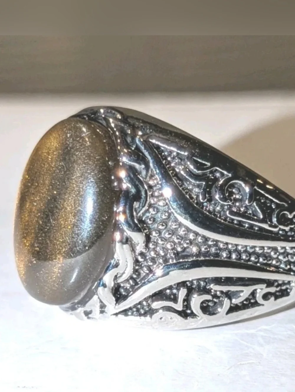 Men Oval Tiger Eye Gemstone Silver Plated Ring , Brown Veined Stone Ring Sz 10